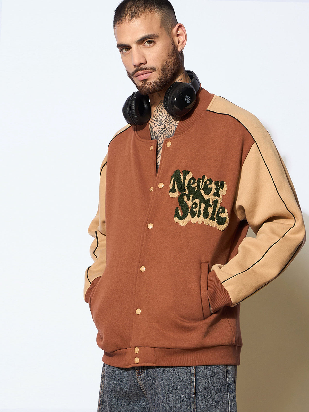 Brown & Beige NEVER SETTLE Embroidery Varsity Jacket-MASCLN SASSAFRAS