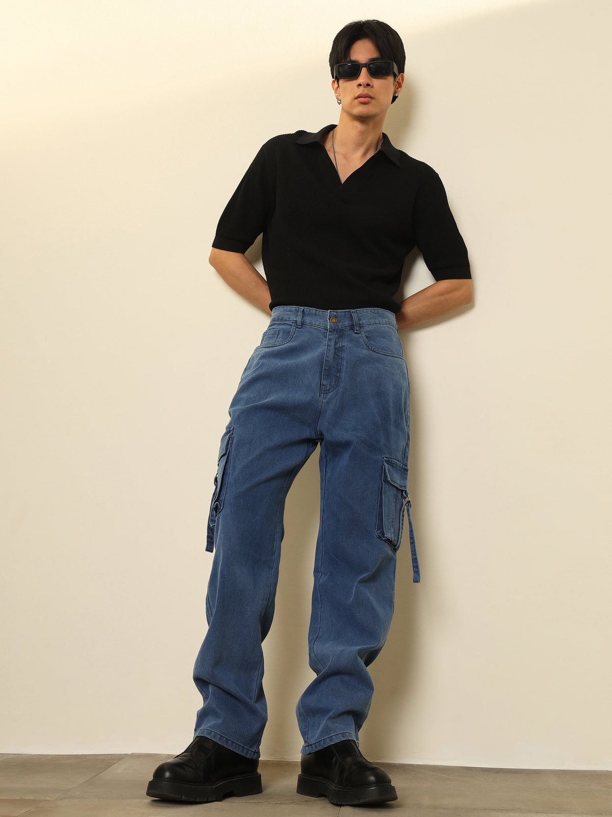 Ice Blue Box Pocket Relax Fit Jeans-MASCLN SASSAFRAS