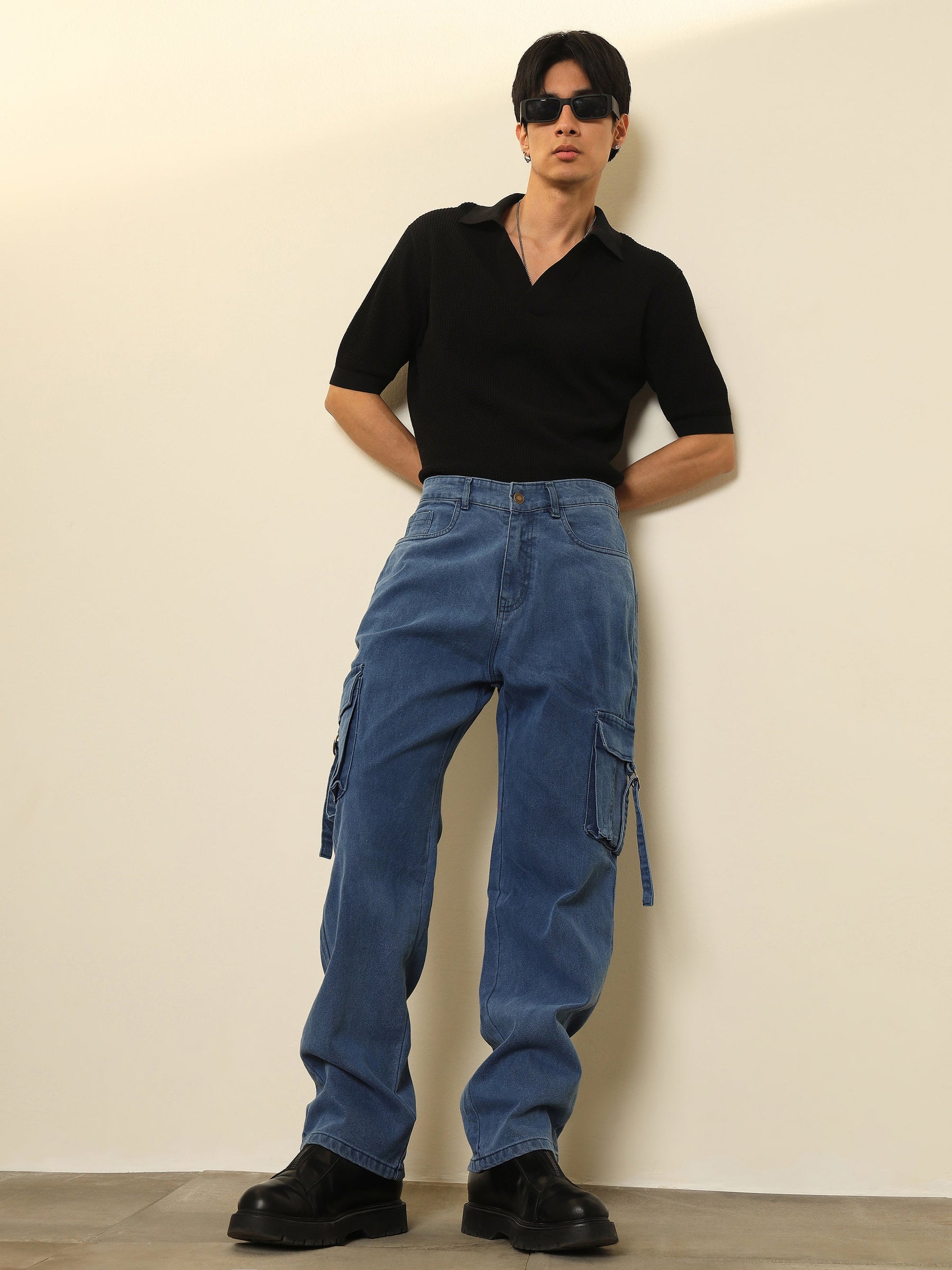 Ice Blue Box Pocket Relax Fit Jeans-MASCLN SASSAFRAS