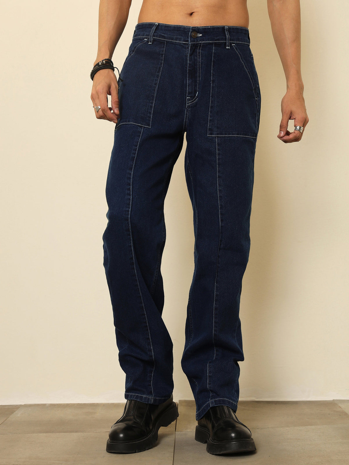 Navy Relax Fit Jeans-MASCLN SASSAFRAS
