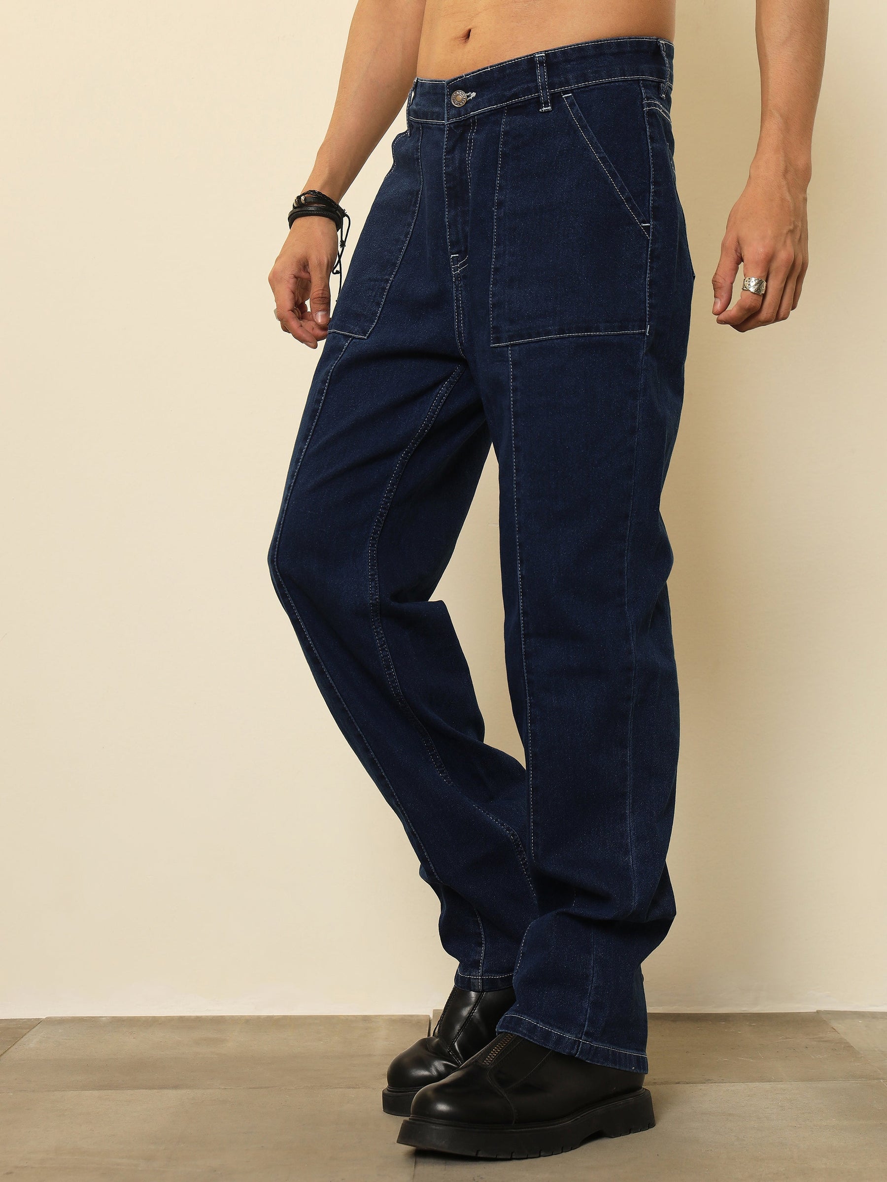 Navy Relax Fit Jeans-MASCLN SASSAFRAS