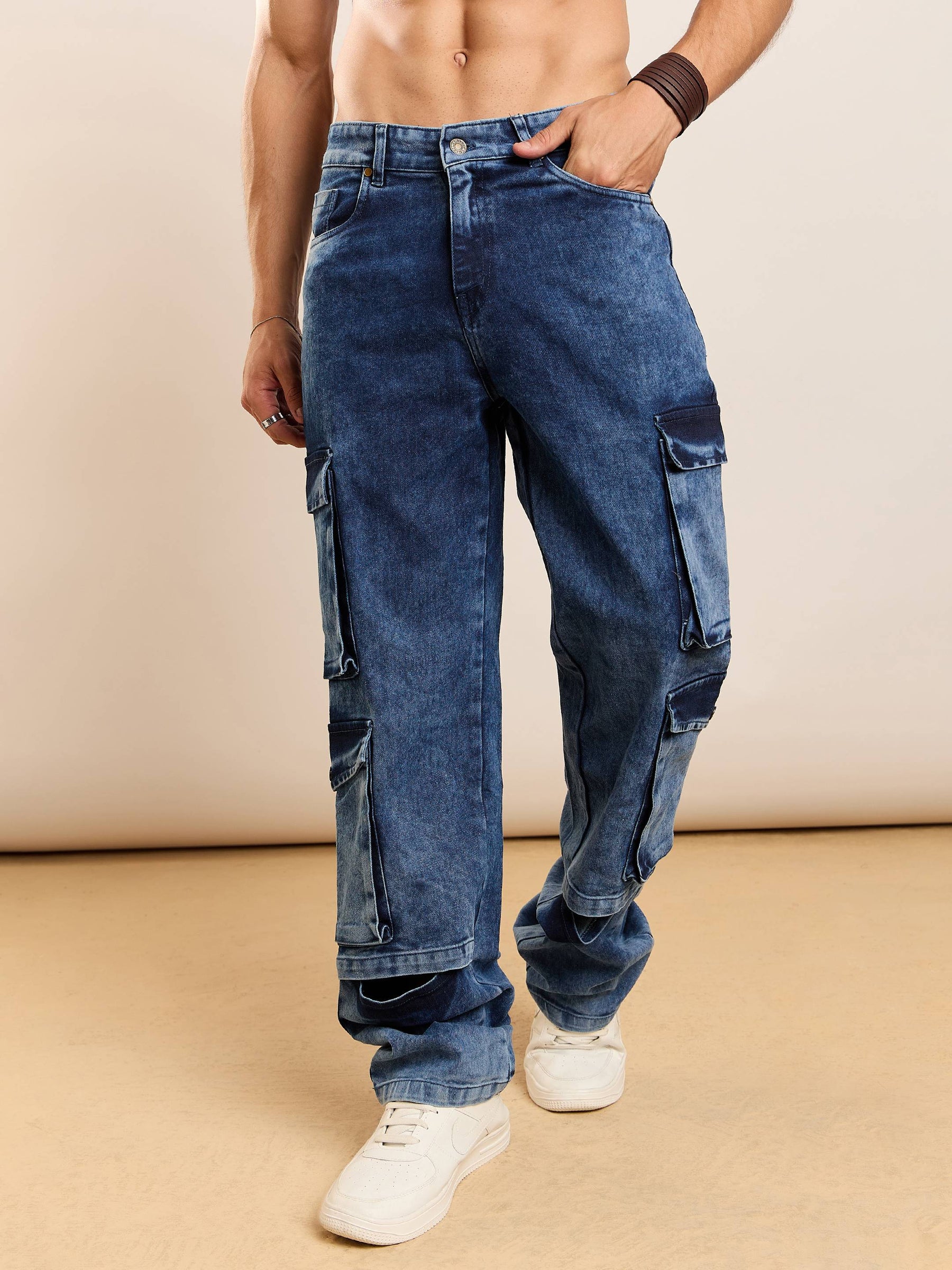 Blue Washed Utility Pocket Relax Fit Jeans-MASCLN SASSAFRAS