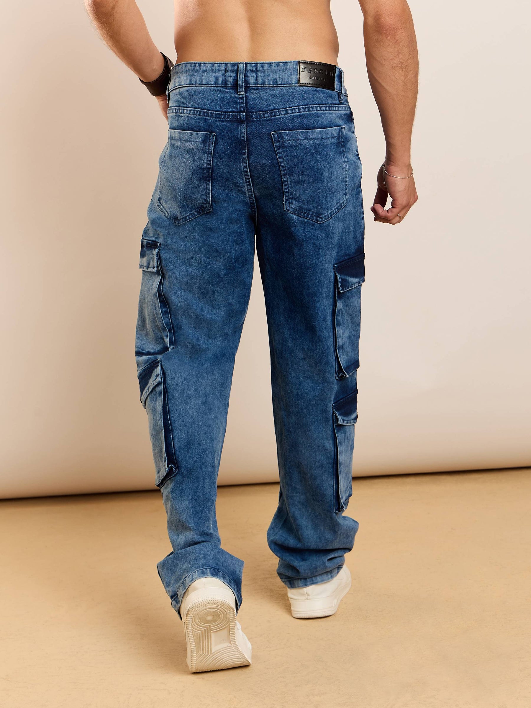 Blue Washed Utility Pocket Relax Fit Jeans-MASCLN SASSAFRAS