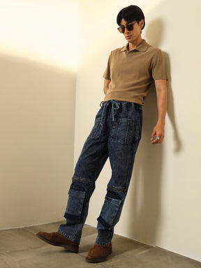 Blue Front Zipper Baggy Fit Jeans-MASCLN SASSAFRAS