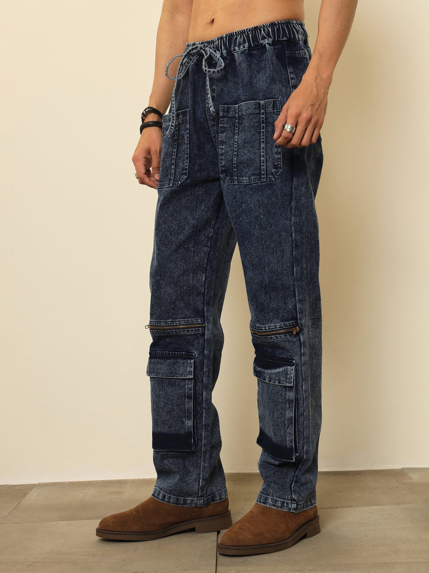 Blue Front Zipper Baggy Fit Jeans-MASCLN SASSAFRAS