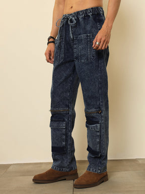 Blue Front Zipper Baggy Fit Jeans-MASCLN SASSAFRAS