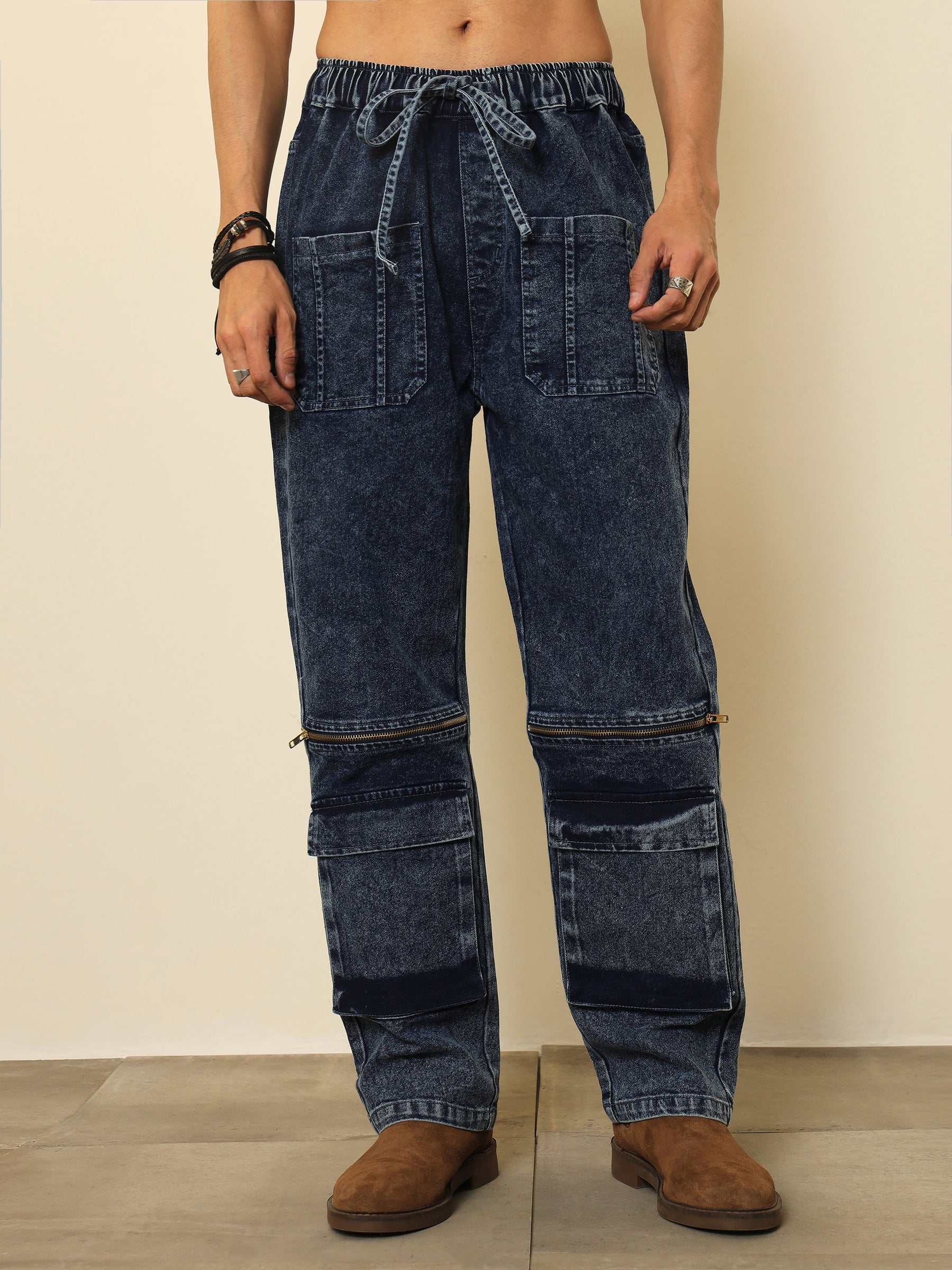 Blue Front Zipper Baggy Fit Jeans-MASCLN SASSAFRAS