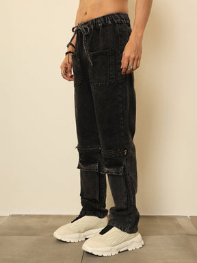 Black Front Zipper Baggy Fit Jeans-MASCLN SASSAFRAS