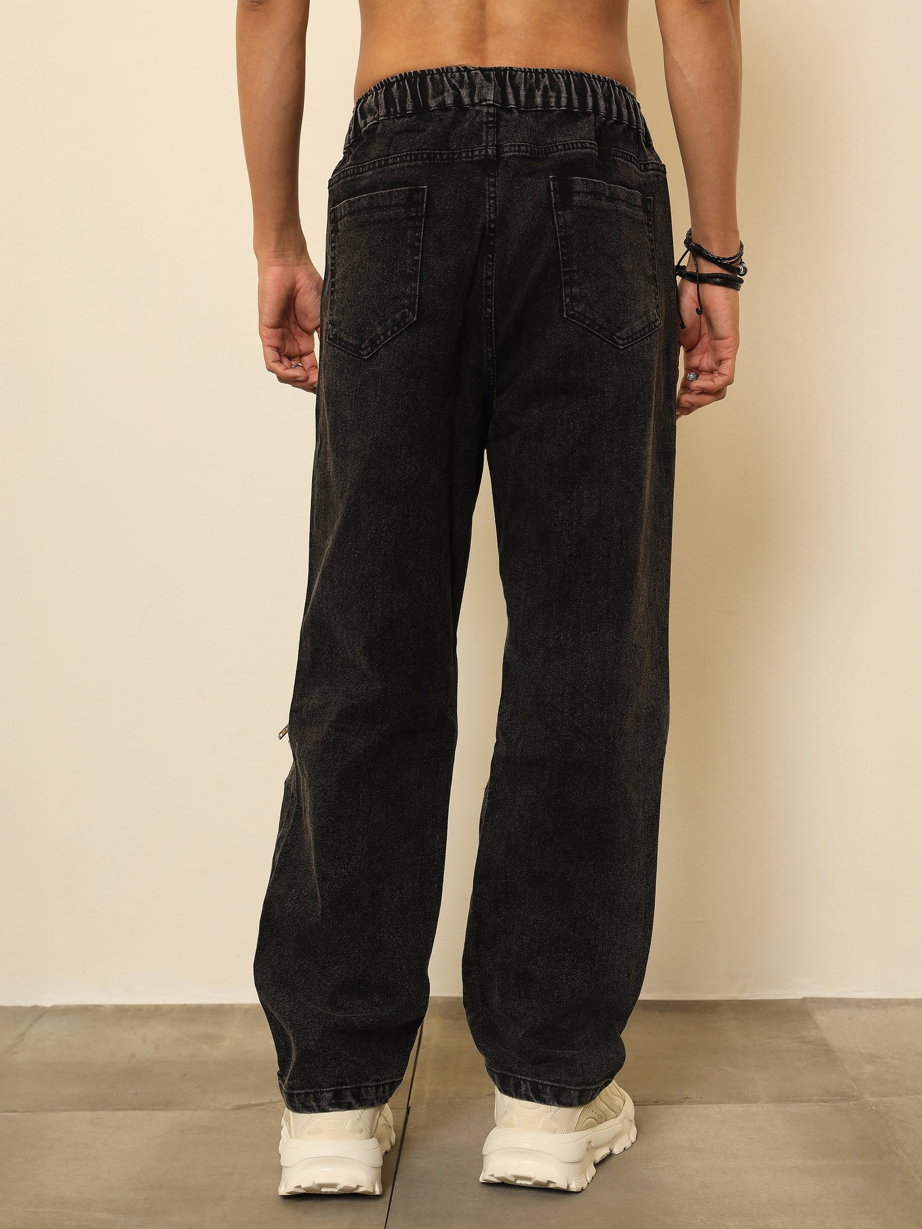 Black Front Zipper Baggy Fit Jeans-MASCLN SASSAFRAS