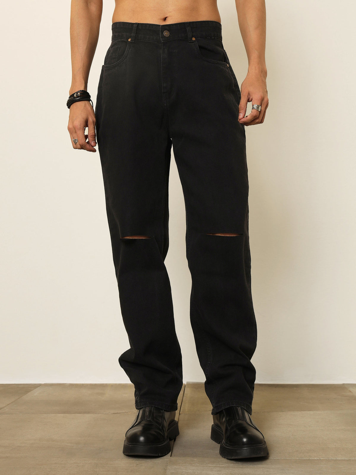 Black Knee Slit Relax Fit Jeans-MASCLN SASSAFRAS