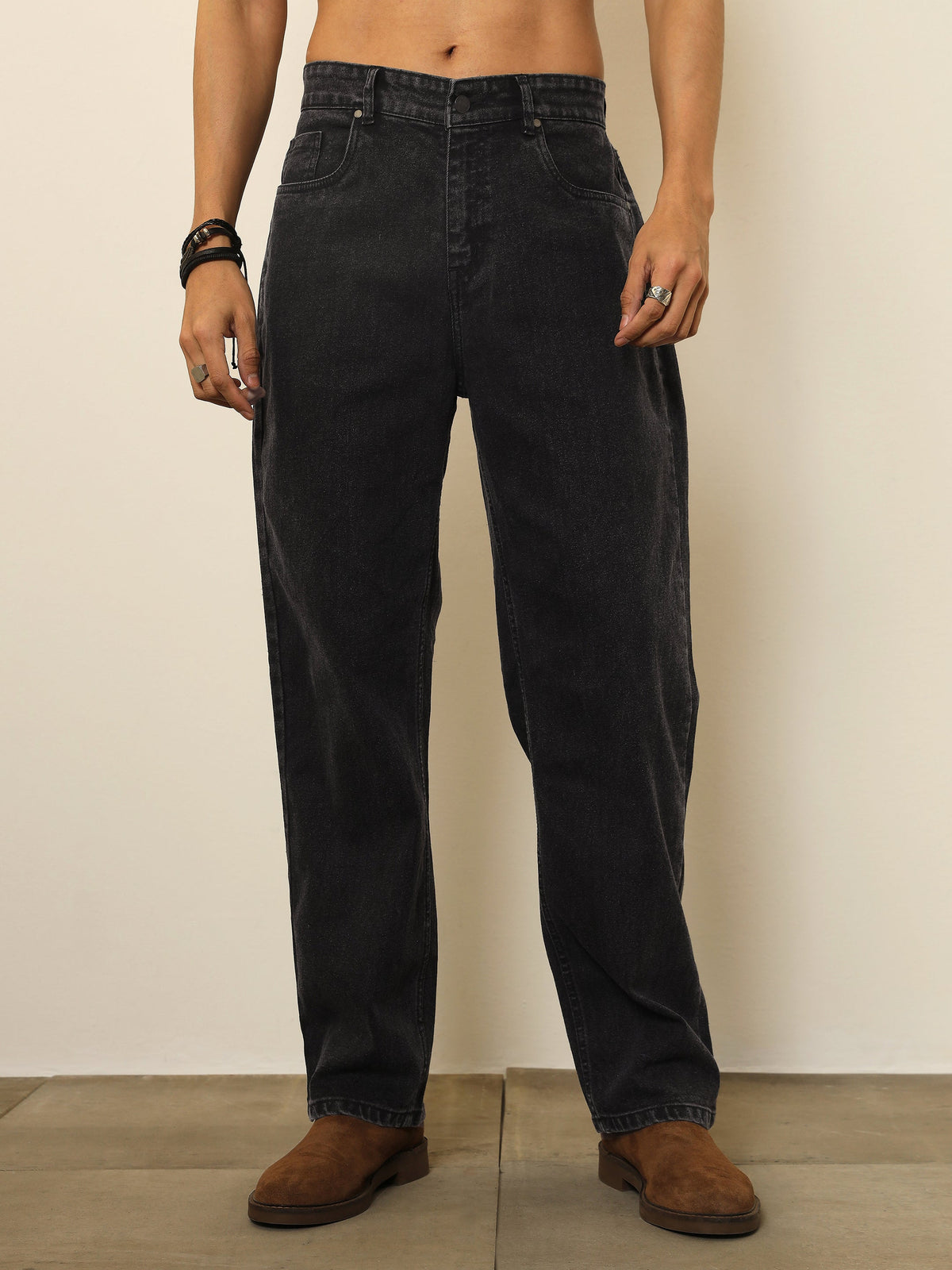 Black Washed Basic Relax Fit Jeans-MASCLN SASSAFRAS