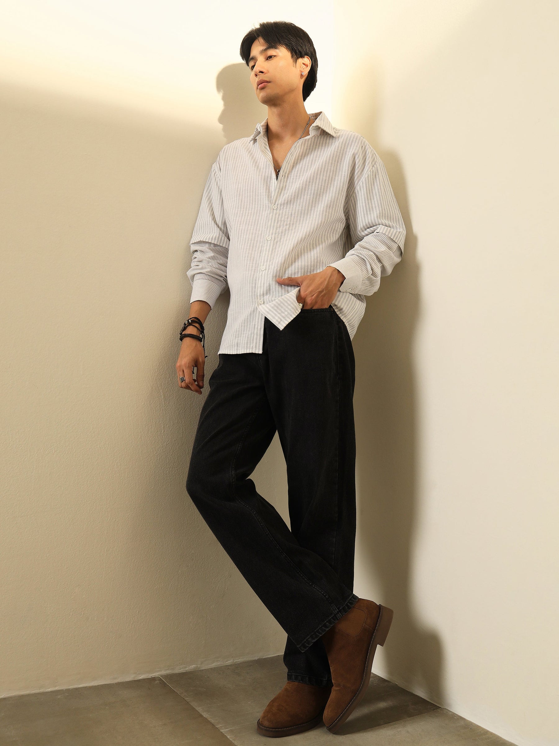 Black Washed Basic Relax Fit Jeans-MASCLN SASSAFRAS