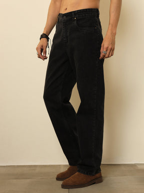 Black Washed Basic Relax Fit Jeans-MASCLN SASSAFRAS