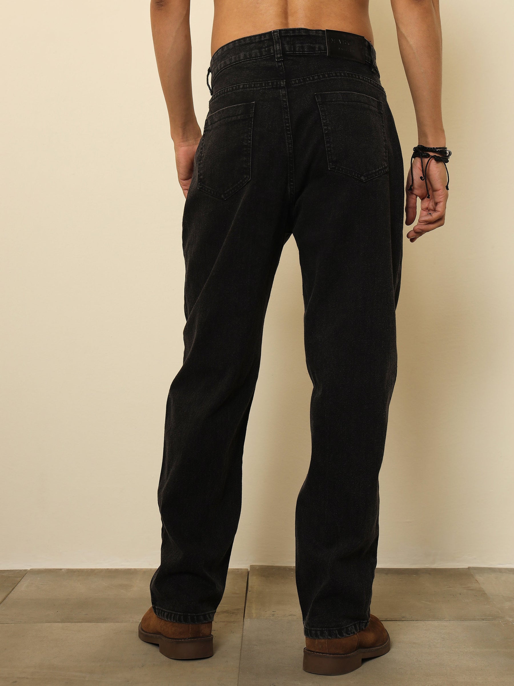Black Washed Basic Relax Fit Jeans-MASCLN SASSAFRAS
