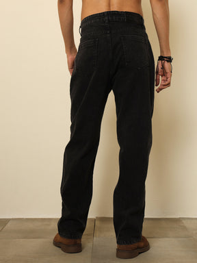 Black Washed Basic Relax Fit Jeans-MASCLN SASSAFRAS