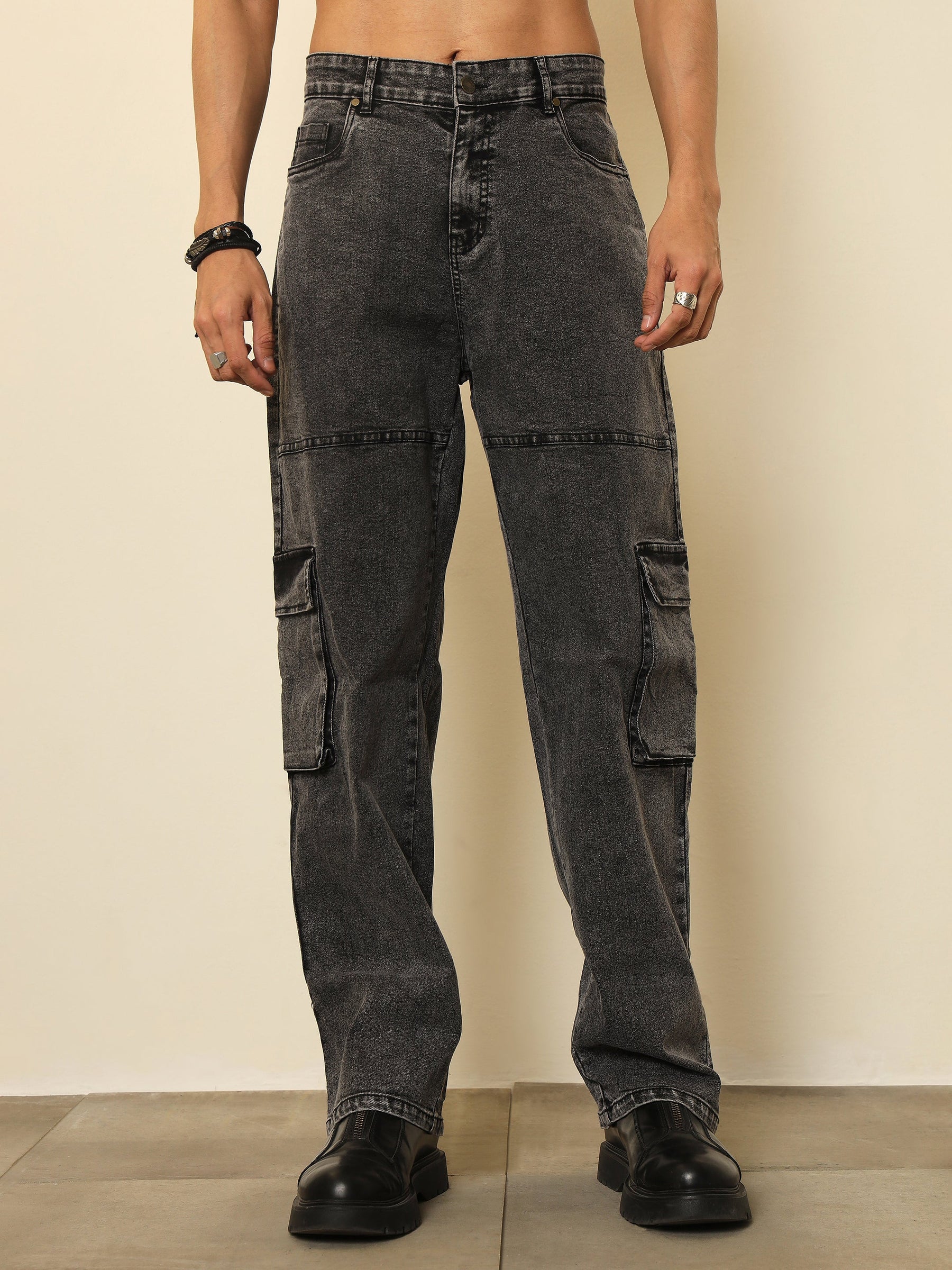 Black Washed Cargo Pocket Oversize Jeans-MASCLN SASSAFRAS