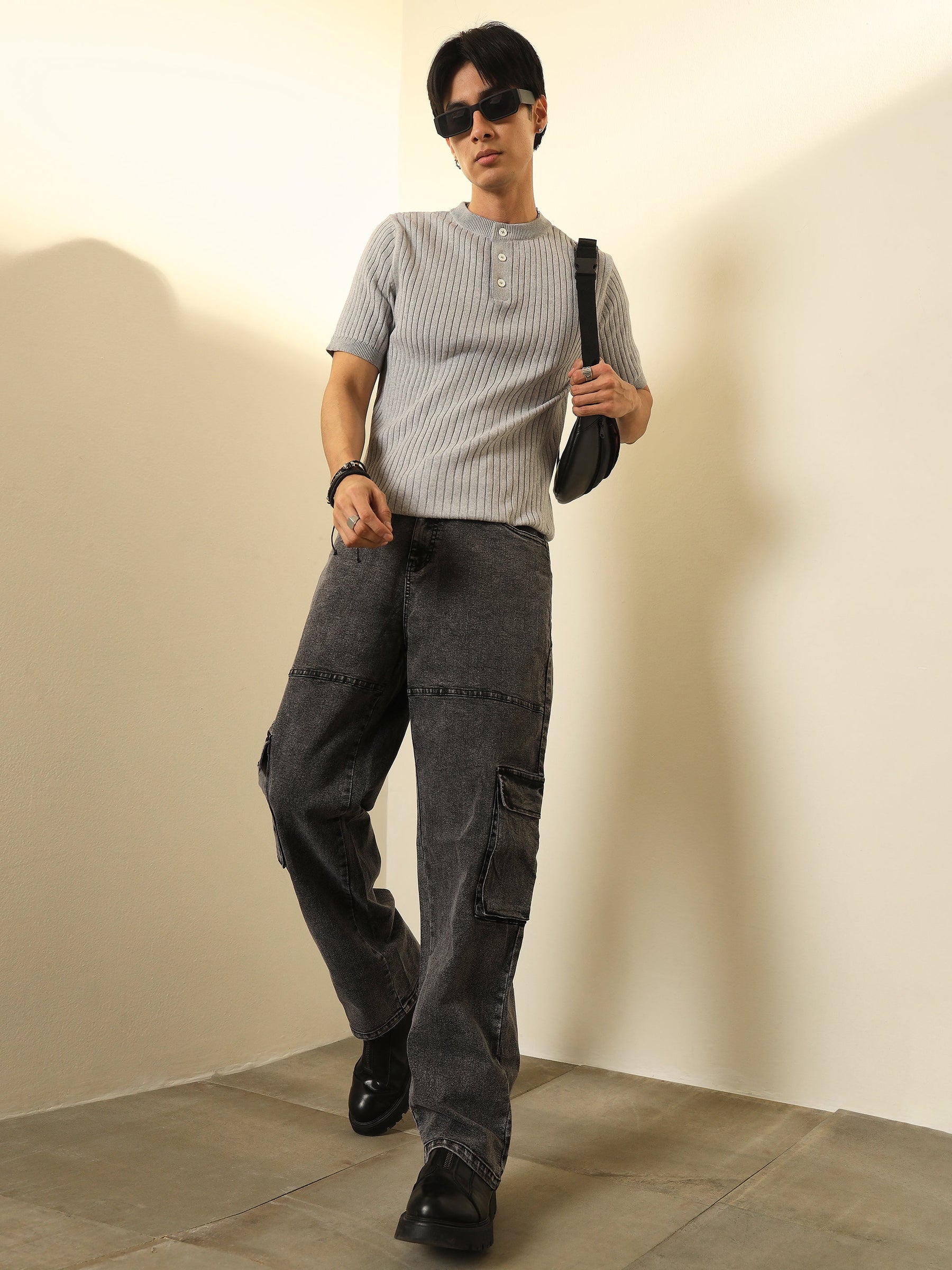 Black Washed Cargo Pocket Oversize Jeans-MASCLN SASSAFRAS