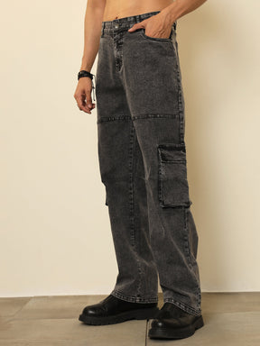 Black Washed Cargo Pocket Oversize Jeans-MASCLN SASSAFRAS
