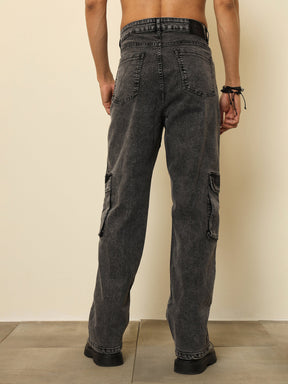 Black Washed Cargo Pocket Oversize Jeans-MASCLN SASSAFRAS