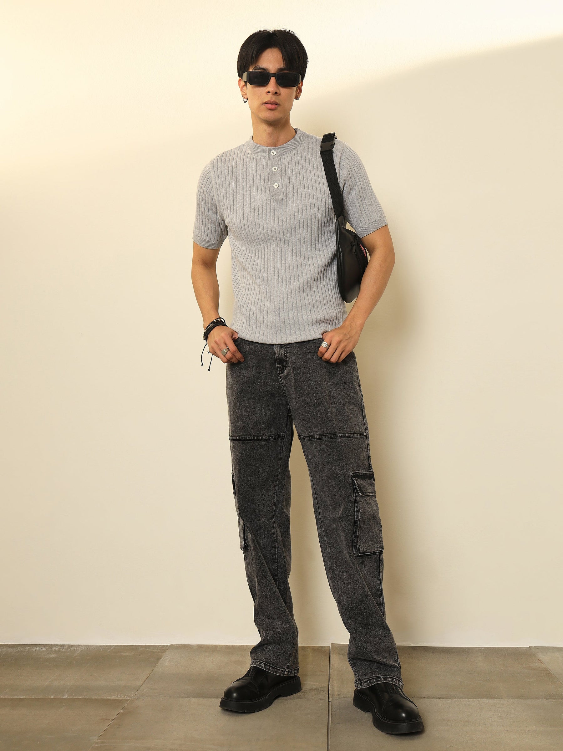 Black Washed Cargo Pocket Oversize Jeans-MASCLN SASSAFRAS