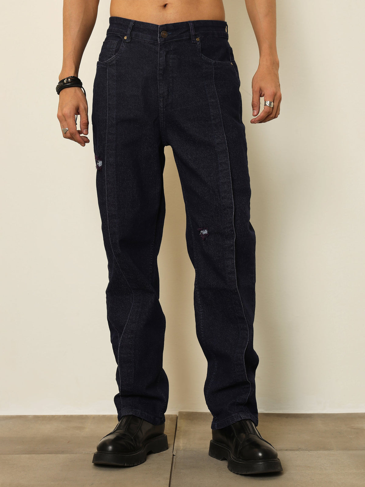 Navy Front Detail Oversize Jeans-MASCLN SASSAFRAS