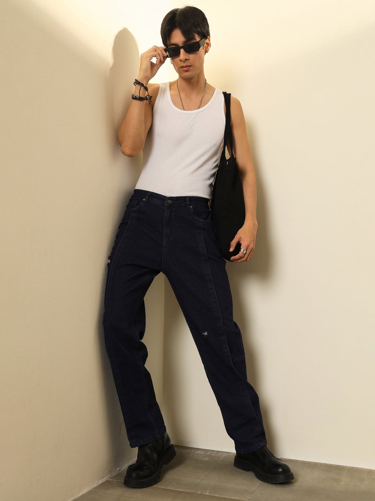 Navy Front Detail Oversize Jeans-MASCLN SASSAFRAS