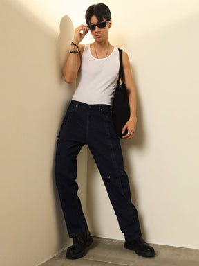 Navy Front Detail Oversize Jeans-MASCLN SASSAFRAS