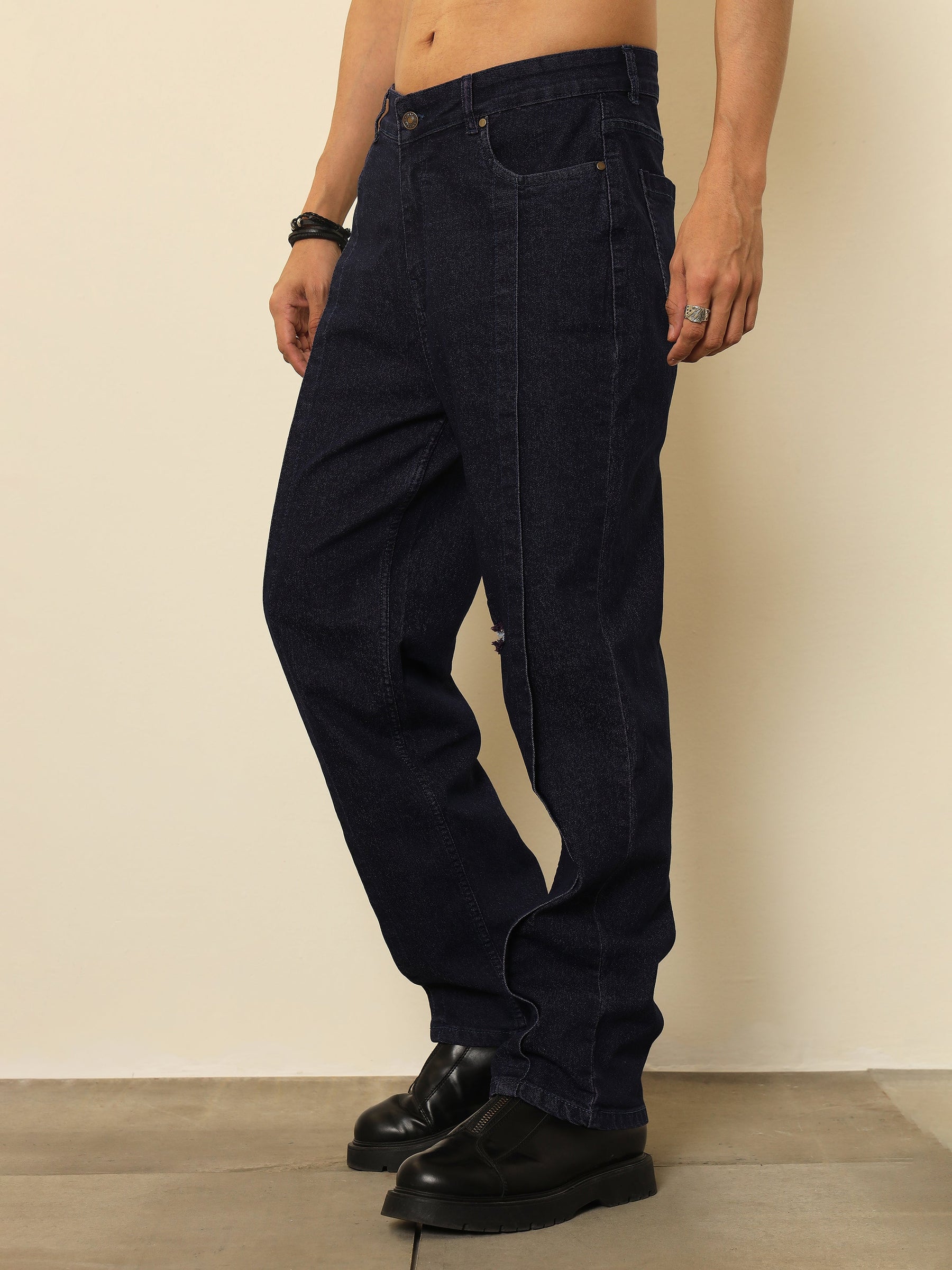 Navy Front Detail Oversize Jeans-MASCLN SASSAFRAS