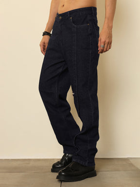 Navy Front Detail Oversize Jeans-MASCLN SASSAFRAS