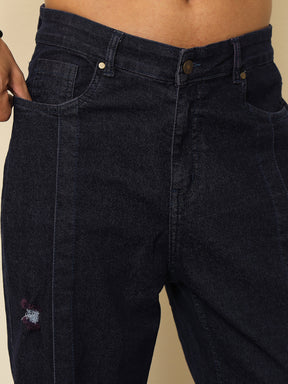 Navy Front Detail Oversize Jeans-MASCLN SASSAFRAS
