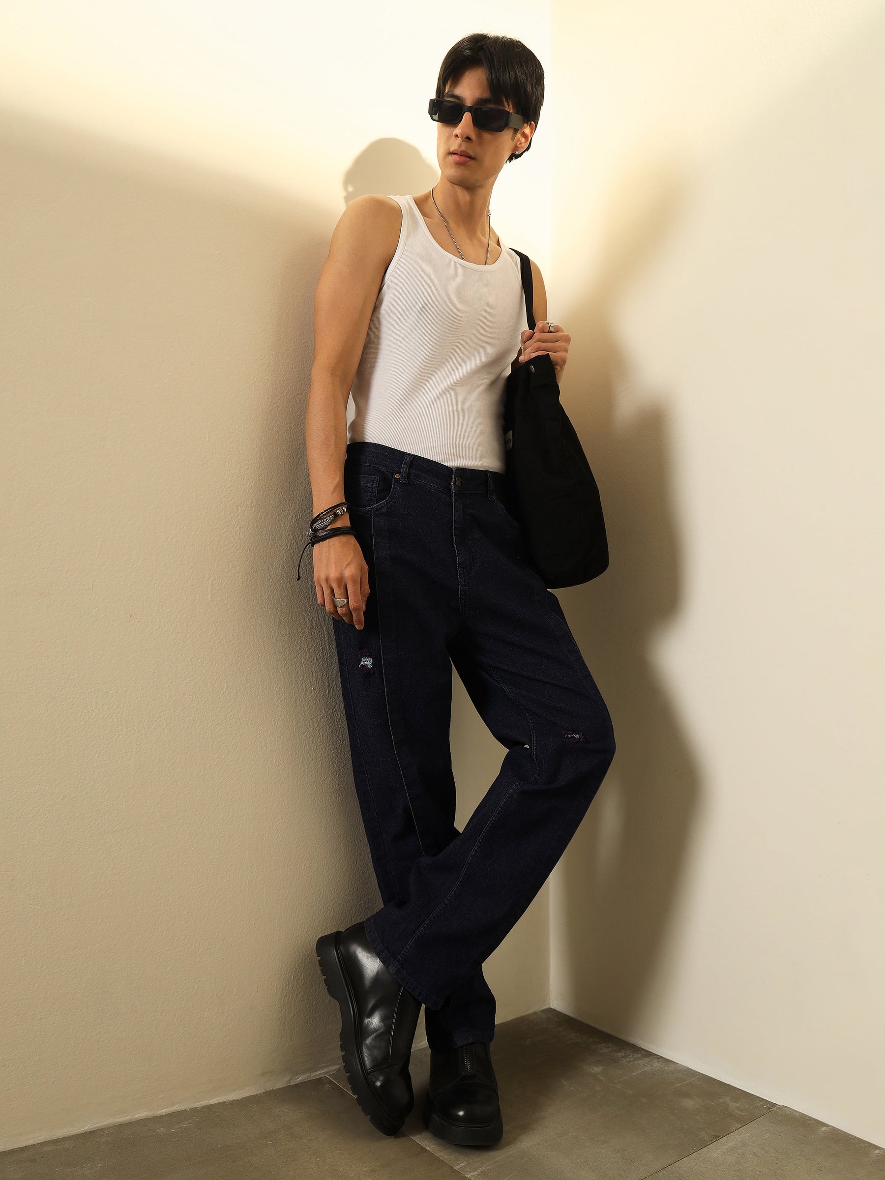 Navy Front Detail Oversize Jeans-MASCLN SASSAFRAS