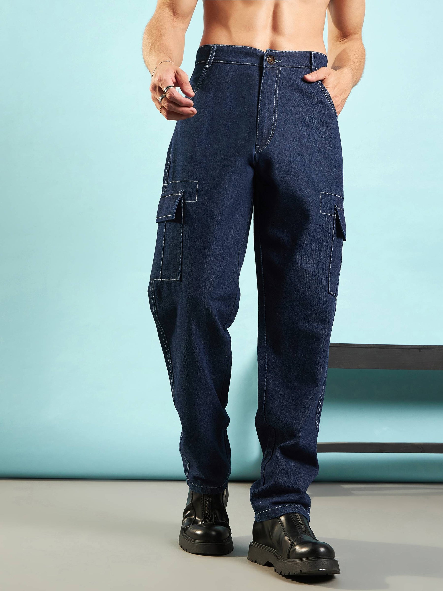 Navy Cargo Pocket Loose Fit Jeans-MASCLN SASSAFRAS