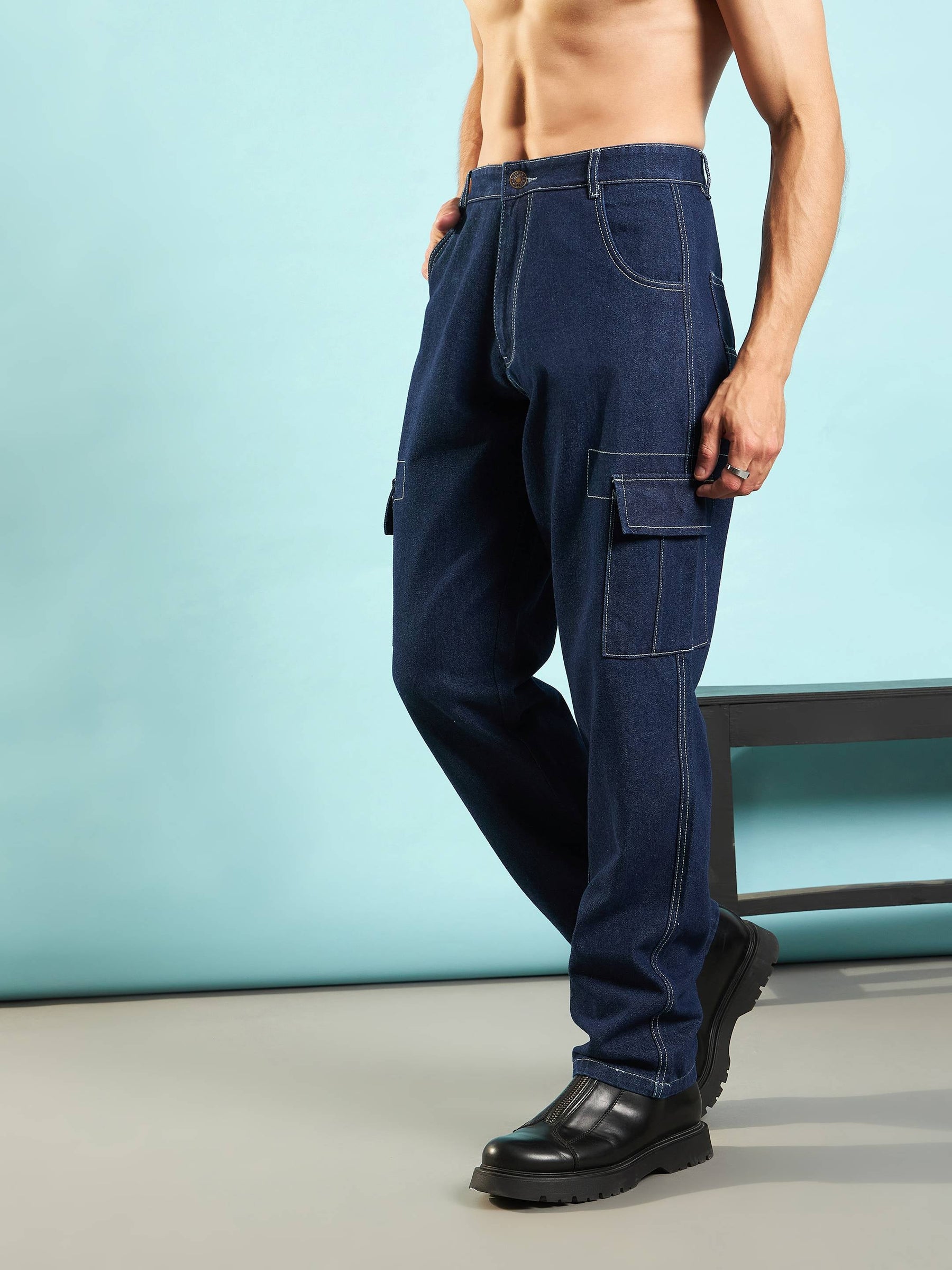 Navy Cargo Pocket Loose Fit Jeans-MASCLN SASSAFRAS