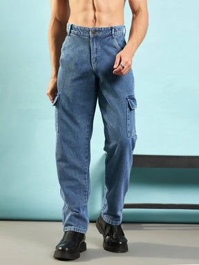 Blue Washed Cargo Pocket Loose Fit Jeans-MASCLN SASSAFRAS