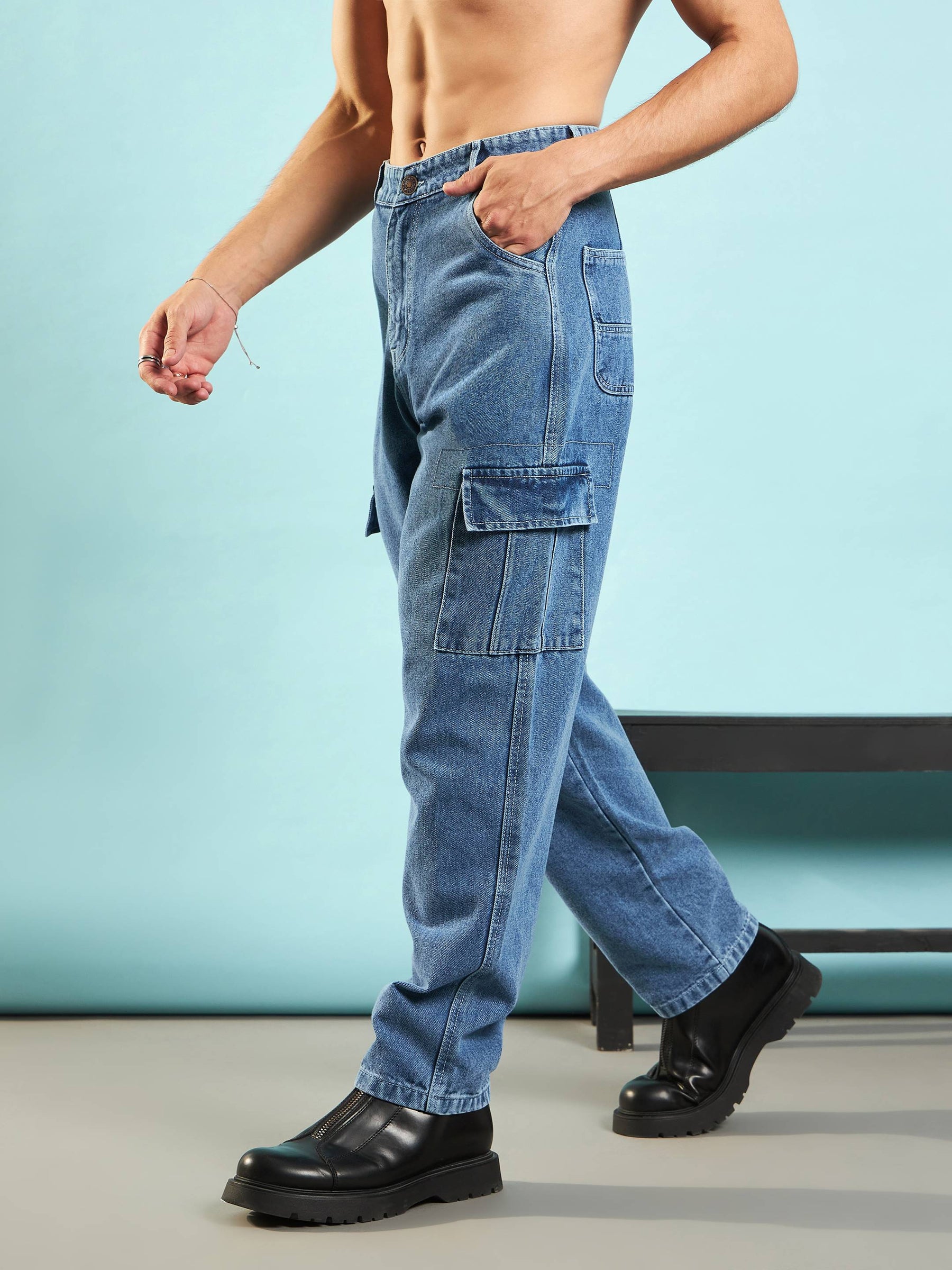 Blue Washed Cargo Pocket Loose Fit Jeans-MASCLN SASSAFRAS