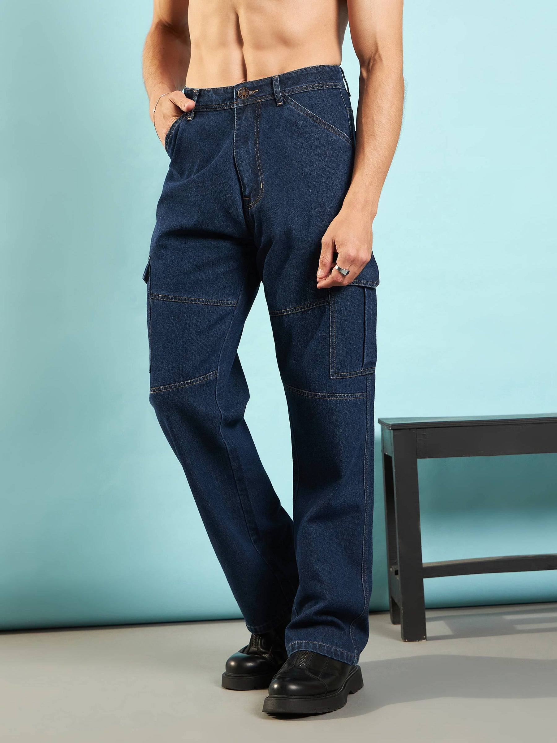 Blue Front Detail Cargo Pocket Jeans-MASCLN SASSAFRAS