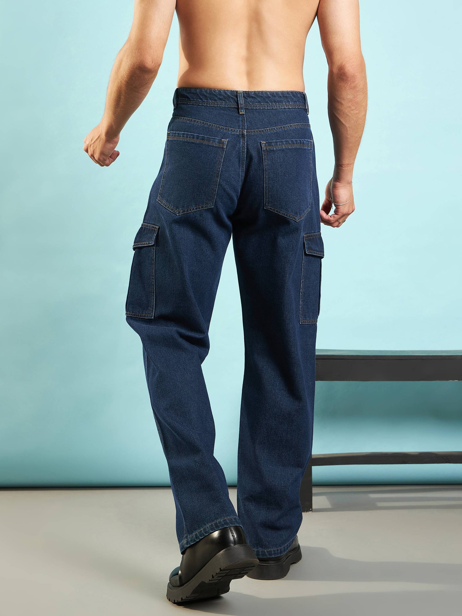 Blue Front Detail Cargo Pocket Jeans-MASCLN SASSAFRAS