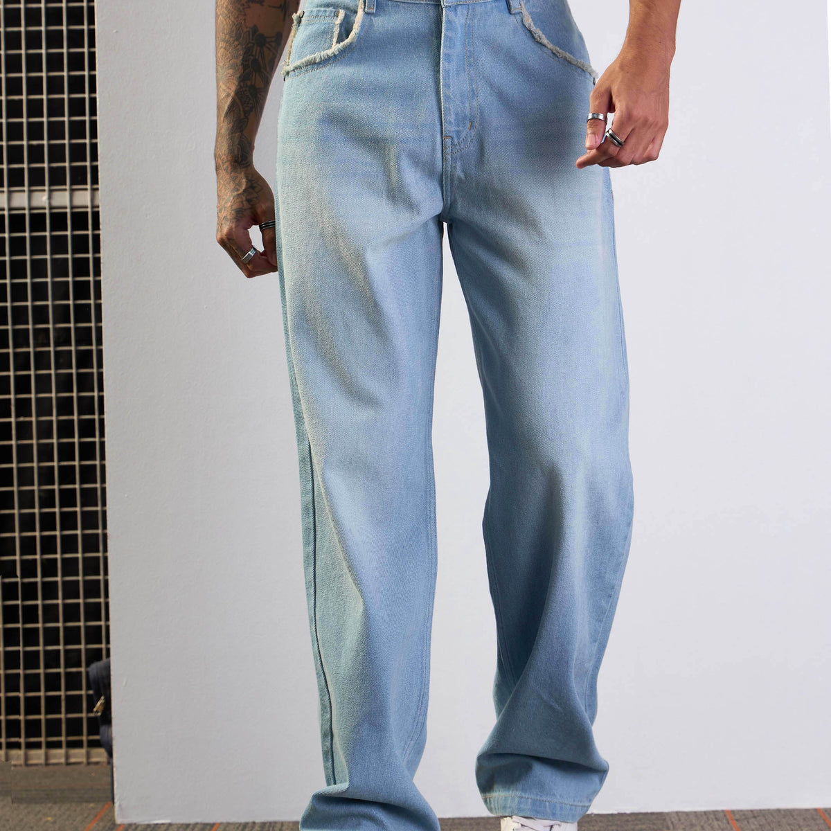 Men Light Blue Washed Baggy Jeans