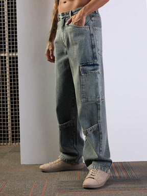 Yellow Washed Baggy Cargo Jeans-MASCLN SASSAFRAS