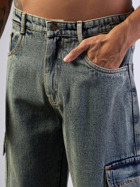 Yellow Washed Baggy Cargo Jeans-MASCLN SASSAFRAS