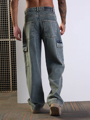 Yellow Washed Baggy Cargo Jeans-MASCLN SASSAFRAS