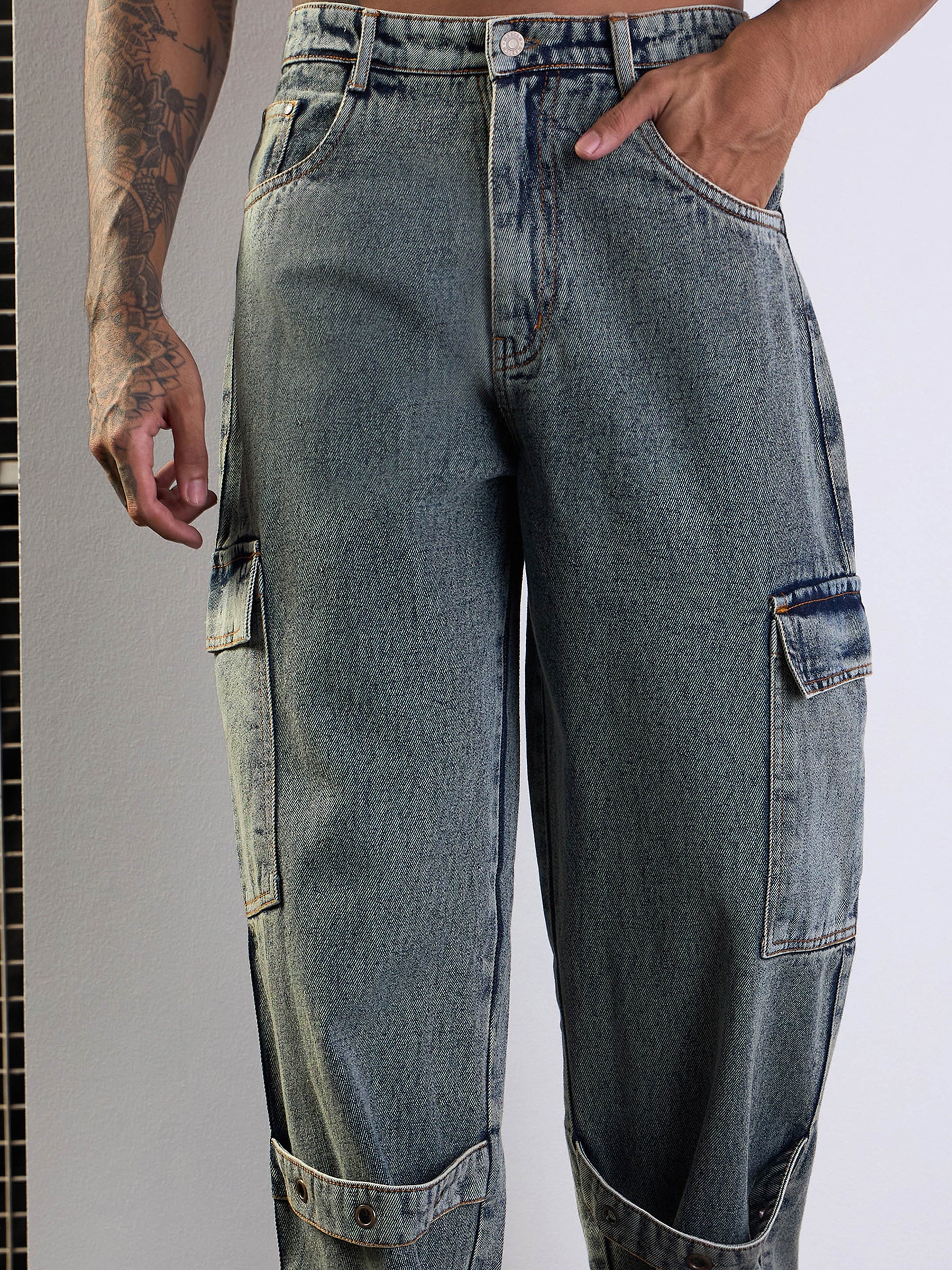 Yellow Washed Baggy Cargo Jeans-MASCLN SASSAFRAS