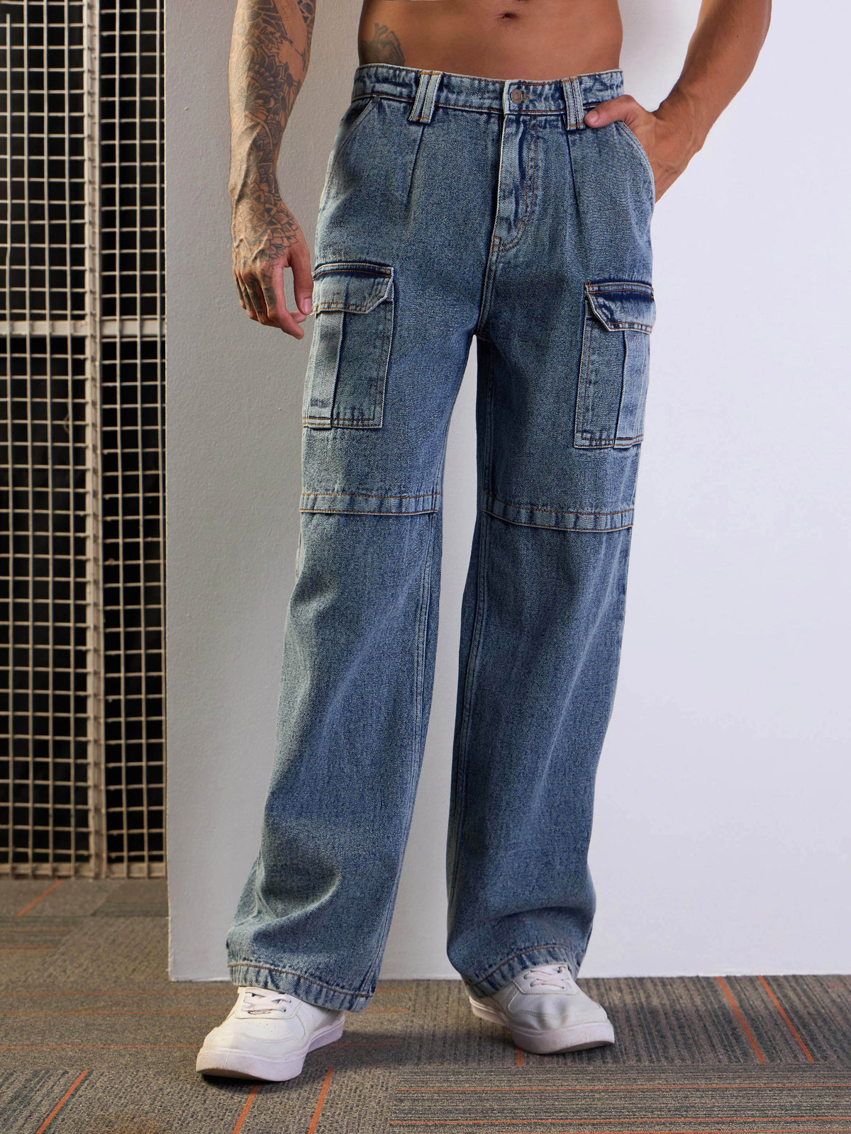 Blue Washed Side Pocket Baggy Cargo Jeans-MASCLN SASSAFRAS