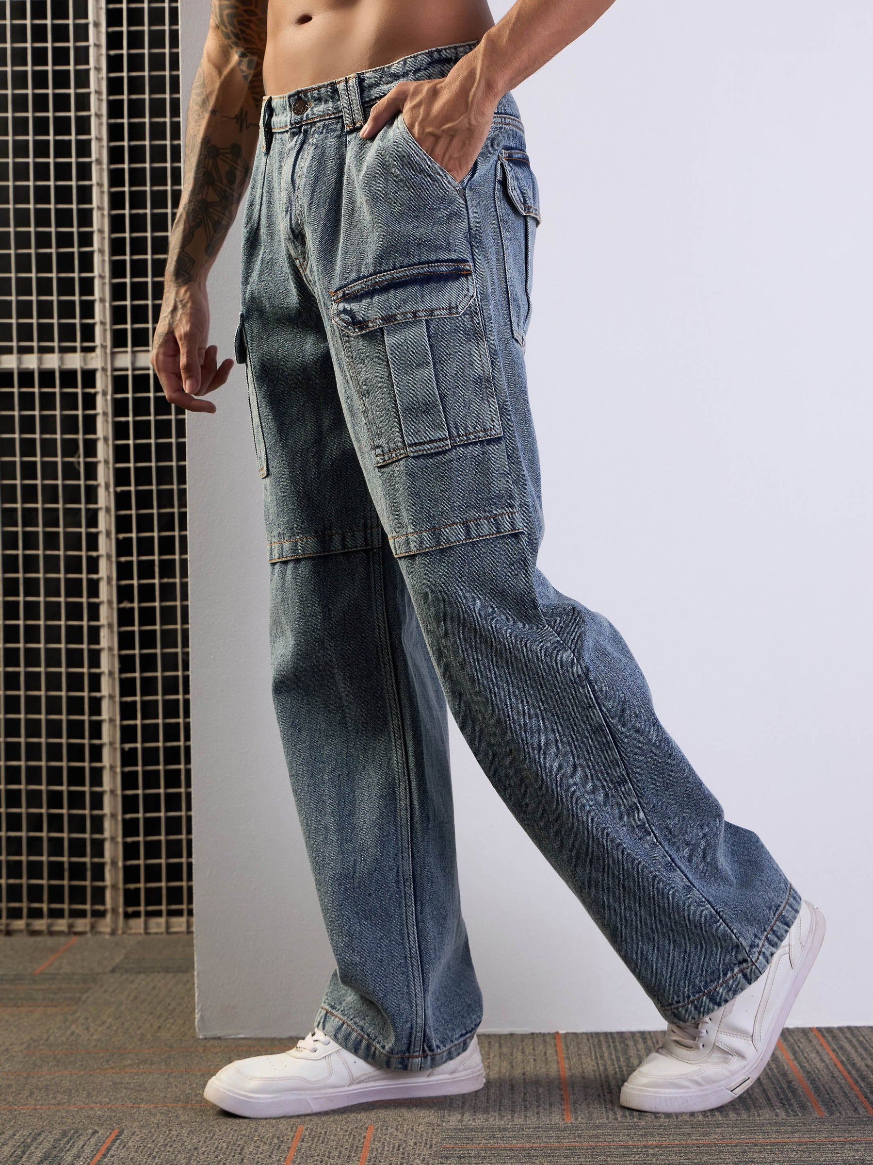 Baggy Jeans Blue Jeans With Side Pockets Men Blue Washed Side