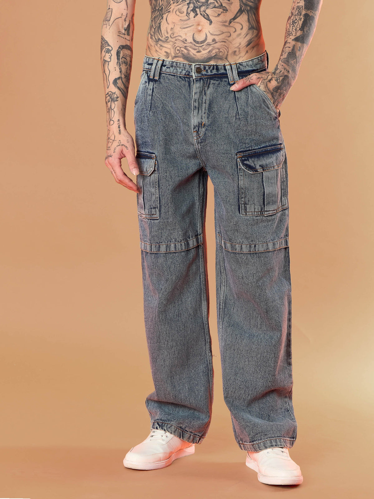 Blue Washed Side Pocket Baggy Cargo Jeans-MASCLN SASSAFRAS