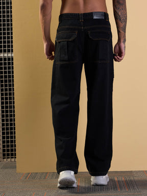 Black Side Pocket Baggy Cargo Jeans-MASCLN SASSAFRAS