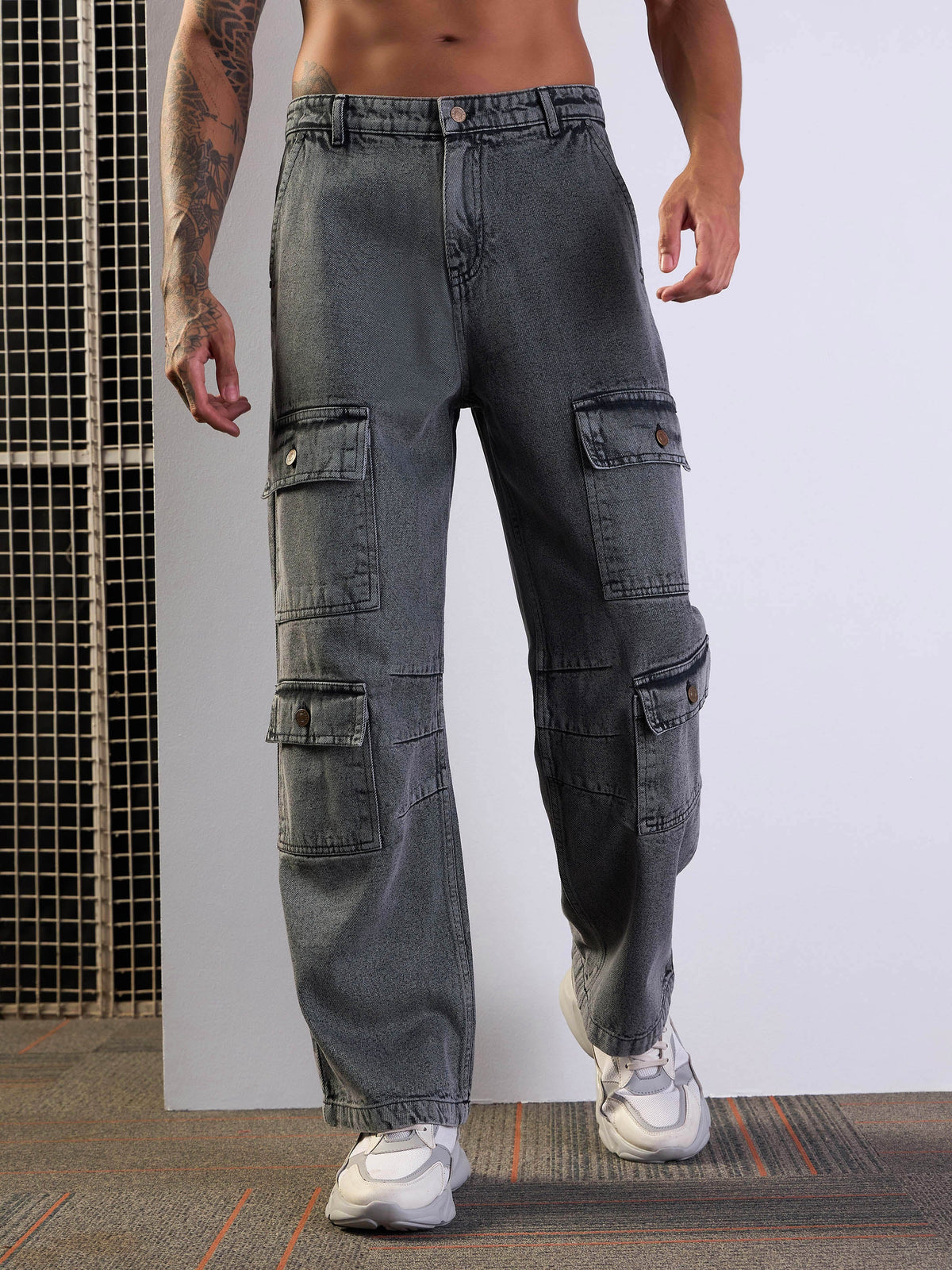 Grey Washed Multi Pocket Baggy Jeans-MASCLN SASSAFRAS