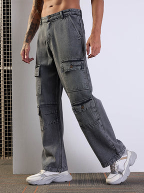 Grey Washed Multi Pocket Baggy Jeans-MASCLN SASSAFRAS