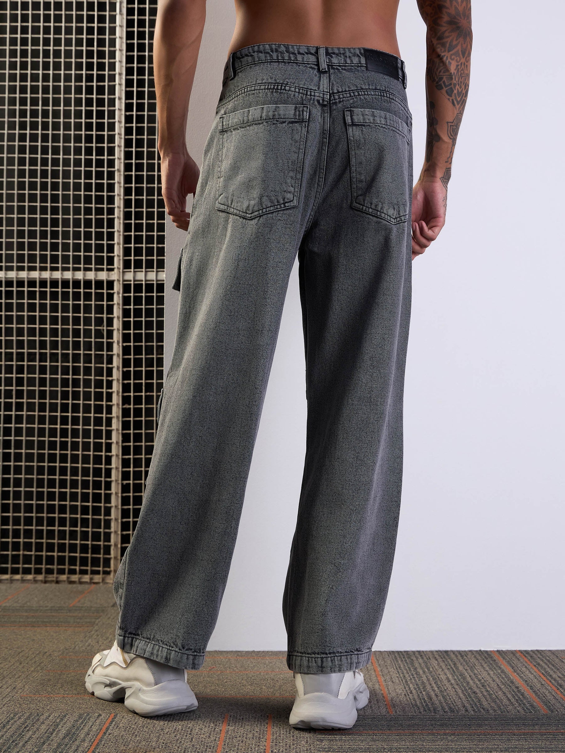 Grey Washed Multi Pocket Baggy Jeans-MASCLN SASSAFRAS