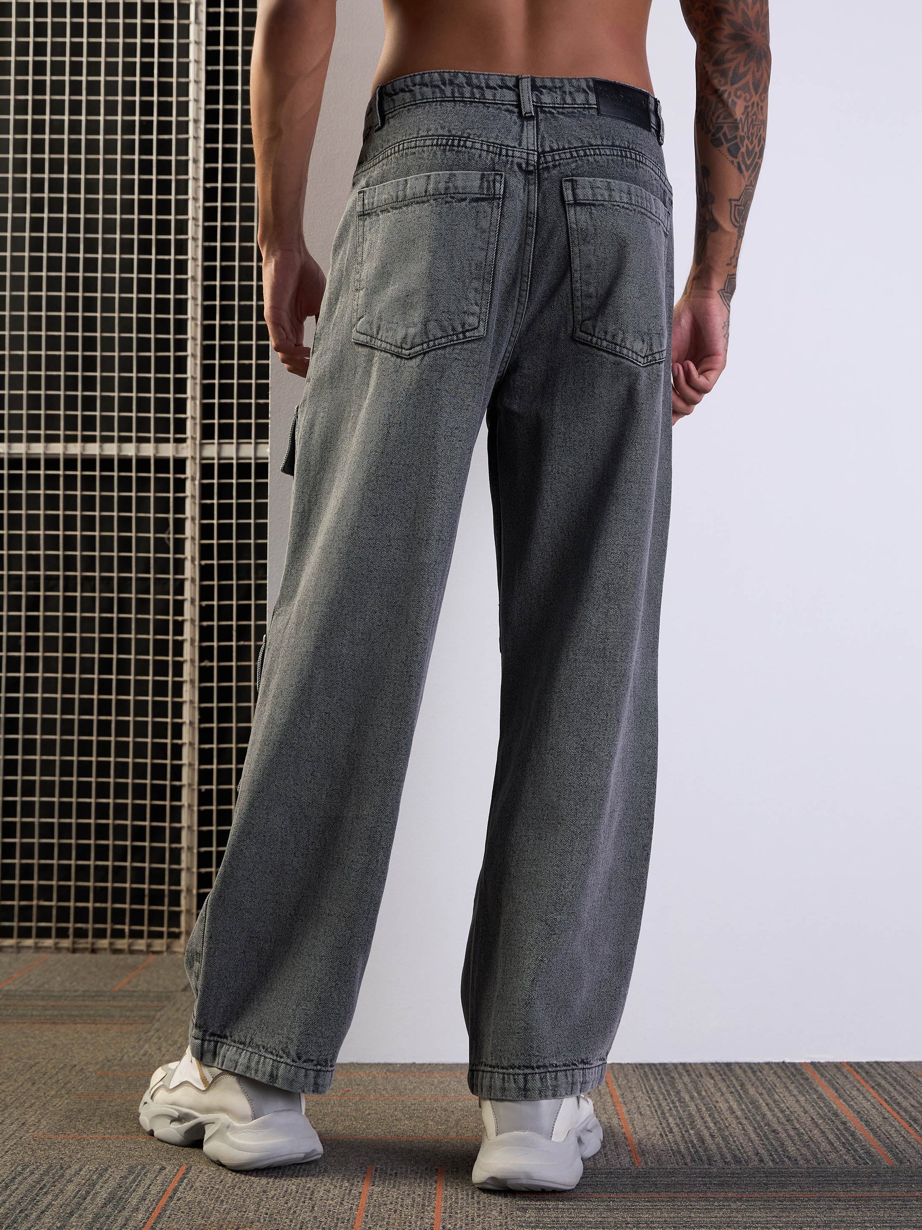 Men Grey Washed Multi Pocket Baggy Jeans - Main Image